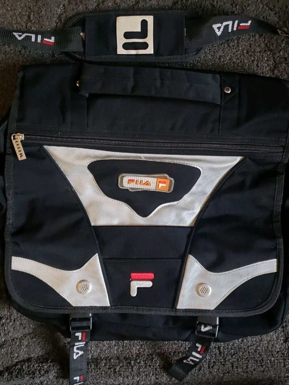 Vintage FILA Messenger Bag Black/White Zip Adjustable Strap Pockets